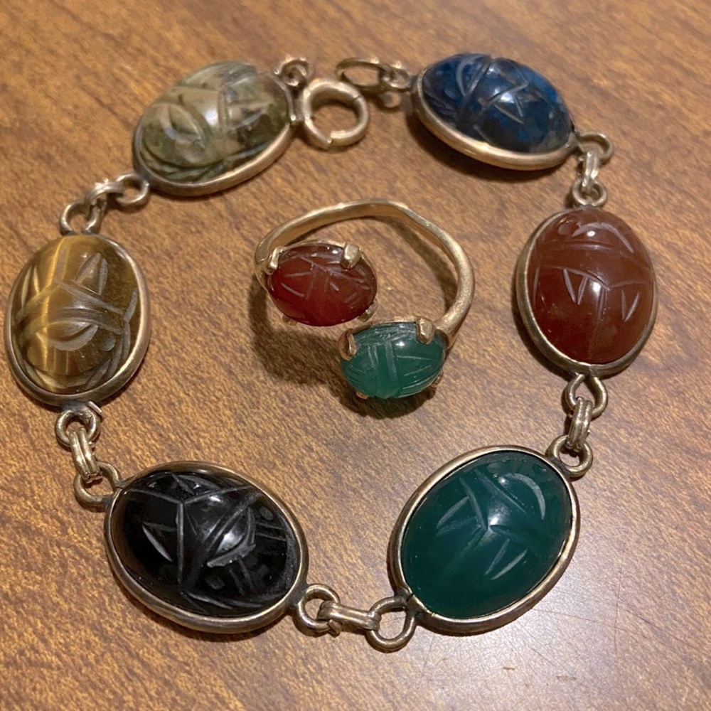Midcentury 14k Gold Scarab bracelet and matching ring